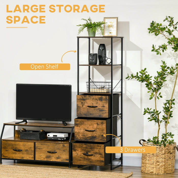 Industrial Tall Bookcase w/ 2 Open Shelves and 3 Foldable Fabric Drawers, Multifunctional Storage Cabinet in Living Room, Study, Rustic Brown