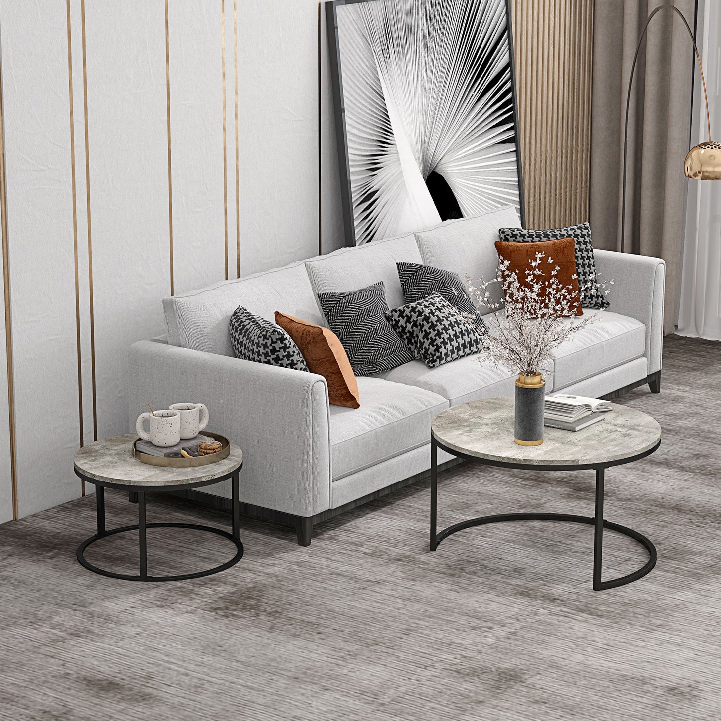 2 Pcs Stacking Coffee Table Set Steel Frame Cement-Effect Top Foot Pads