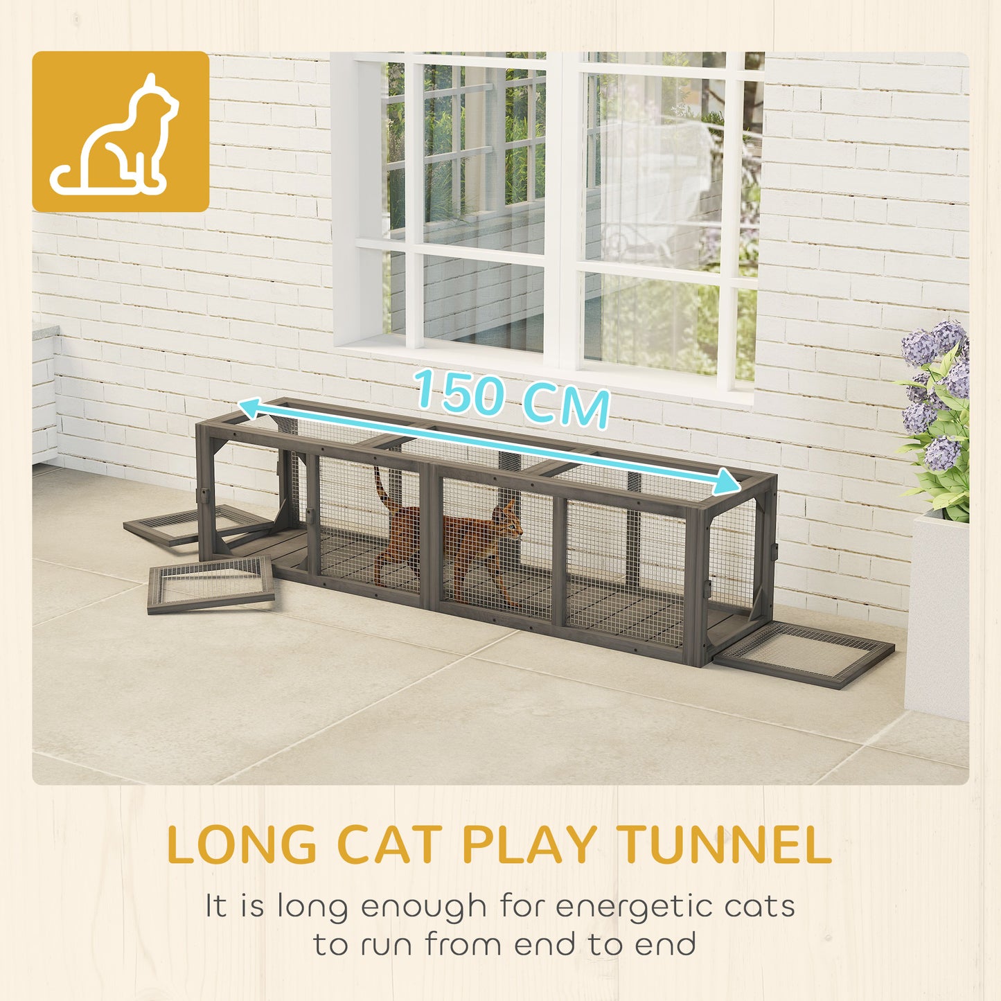 Outdoor Cat Tunnel, Wooden Extendable Pet Run, for Kitty, Puppy, Grey