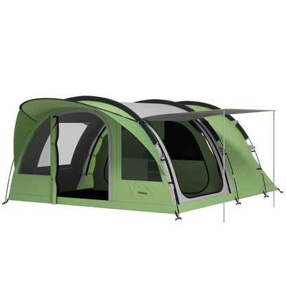 4 Person Easy Setup Family Camping Tent with 2 Rooms, Waterproof Tunnel Tent w/ Sewn In Groundsheet, Doors, Windows, Storage Pockets and Carrying Bag, Green & Grey
