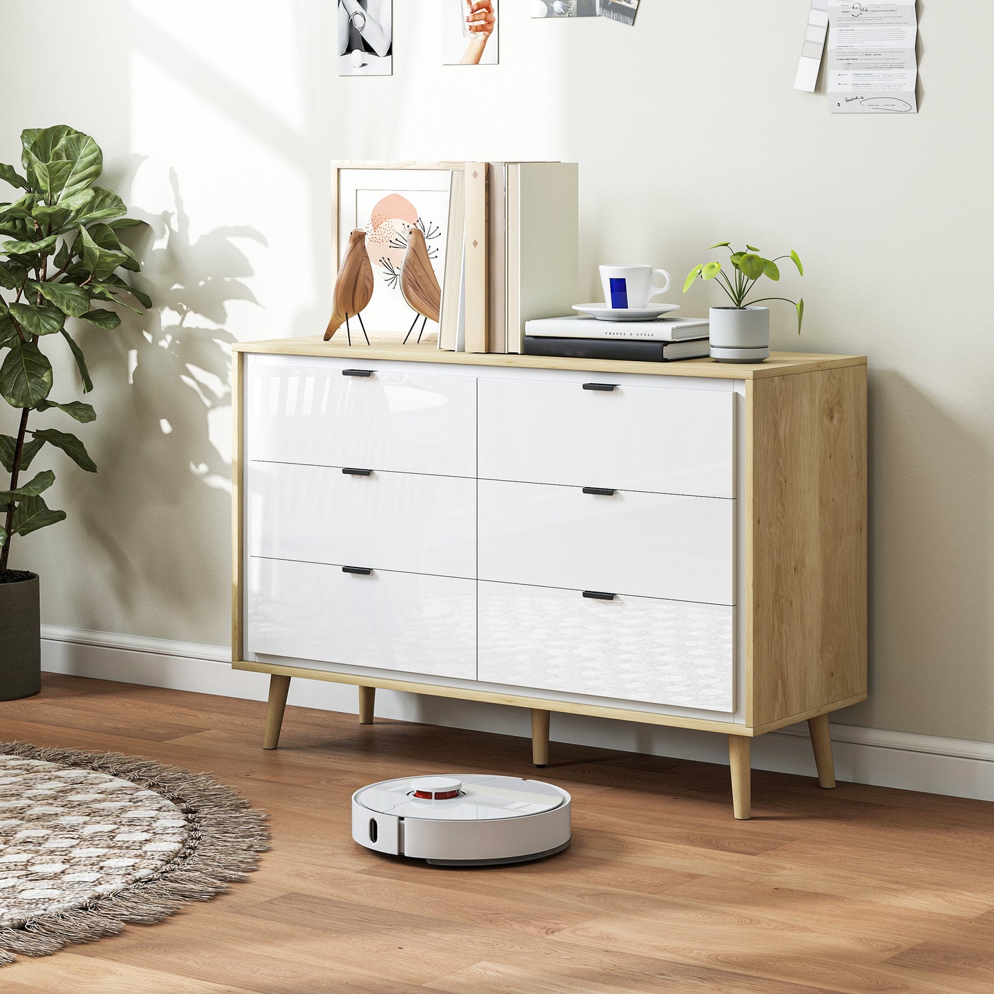 Storage Cabinet with 6 Drawers and 5 Legs, High Gloss White