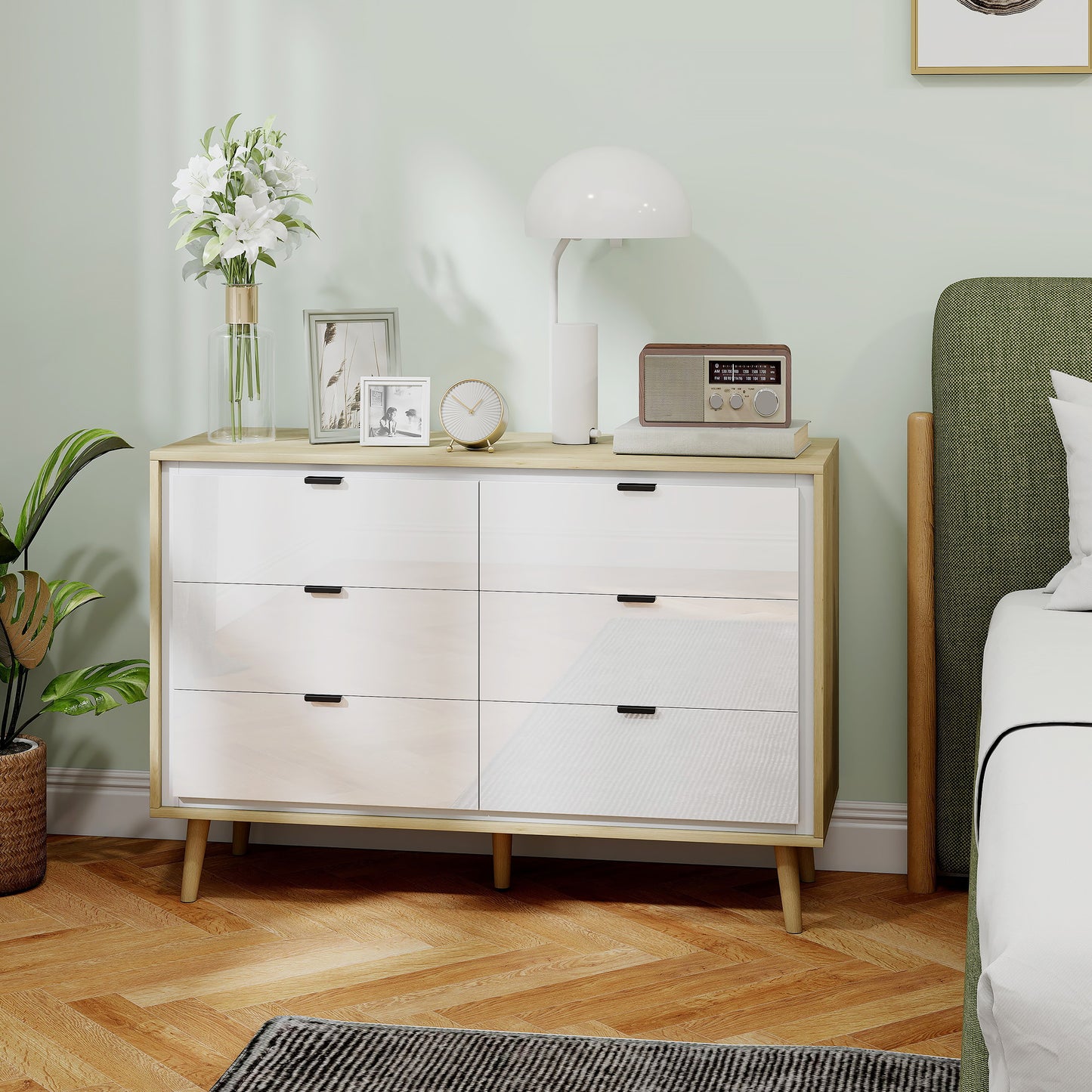 Storage Cabinet with 6 Drawers and 5 Legs, High Gloss White