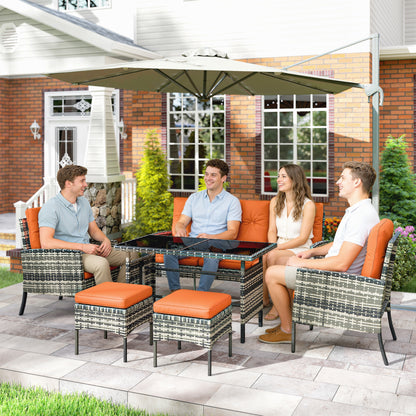6 Pieces Rattan Garden Furniture Sofa Set with Cushions, Orange