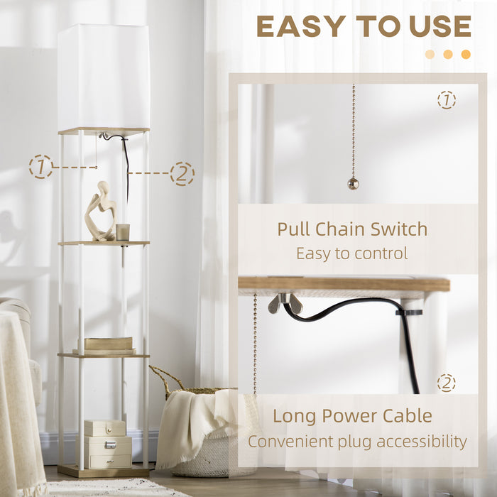 Modern Floor Lamp with Shelves, 3 Layer Shelf Tall Standing Lamp with Fabric Lampshade, Pull Chain Switch (Bulb not included)