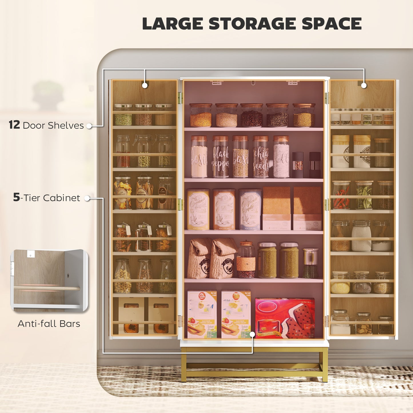 Kitchen Cabinet with Double Doors, 5 Tiers, 12 Spice Racks, White