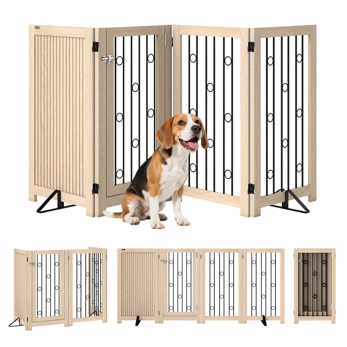 4 Panel Freestanding Pet Gate Foldable with Door for Stairs, Doorway