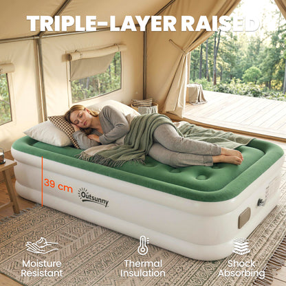 Inflatable Mattress, Single Air Bed with Built-in Pump, Dark Green