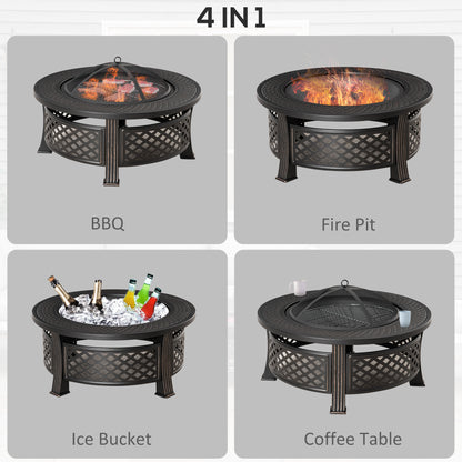Outdoor Fire Pit,Round Firepit with Grill Net,Mesh Lid,Bronze Tone