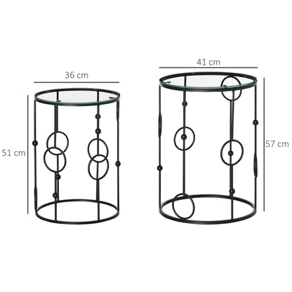 Set of 2 Nesting Coffee Table, Side Tables with Glass Top, Black