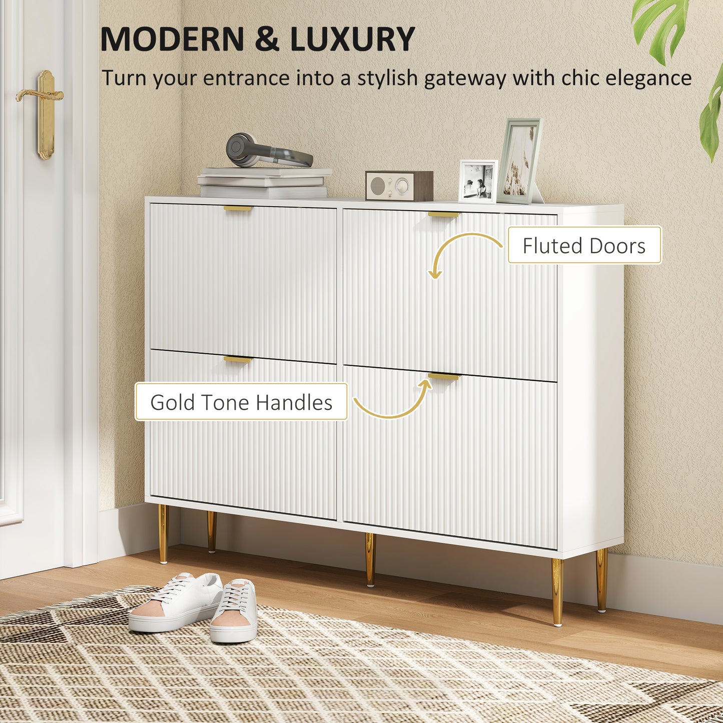 Slim Shoe Storage Cabinet with 4 Flip Drawers for Hallway, White