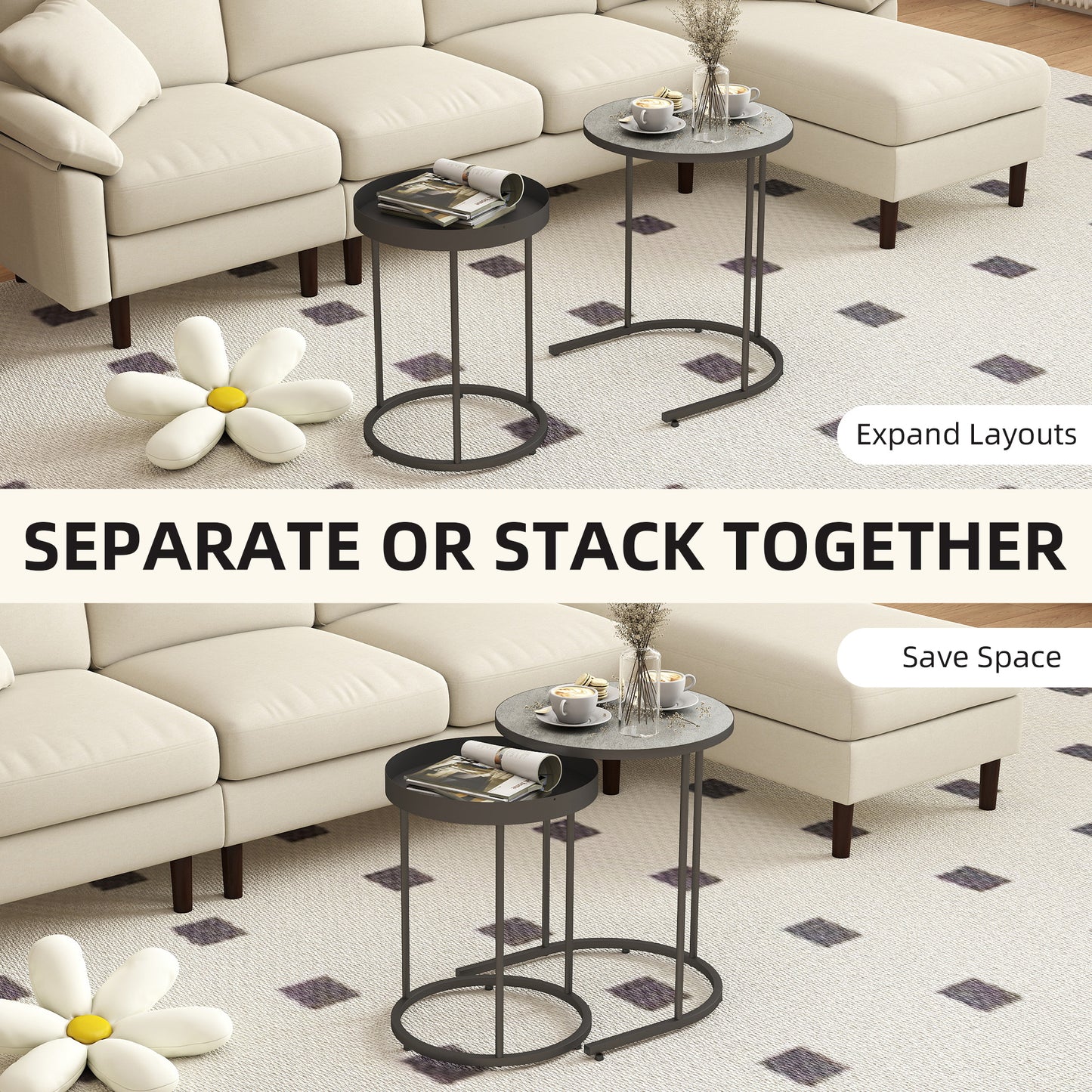 Nesting Side Table Set of 2, Industrial Round Nest of Tables, Grey