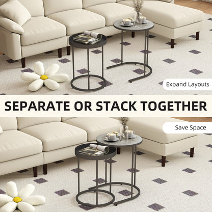 Nesting Side Table Set of 2, Industrial Round Nest of Tables, Grey