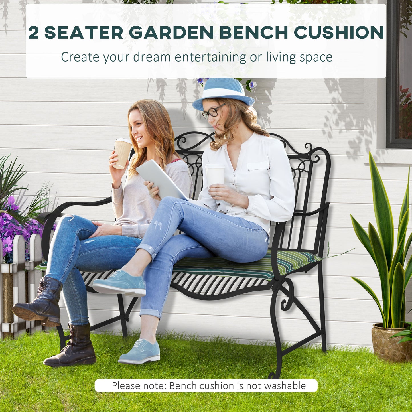 2 Pieces Replacement Cushions for Garden Bench, with Strips, Green