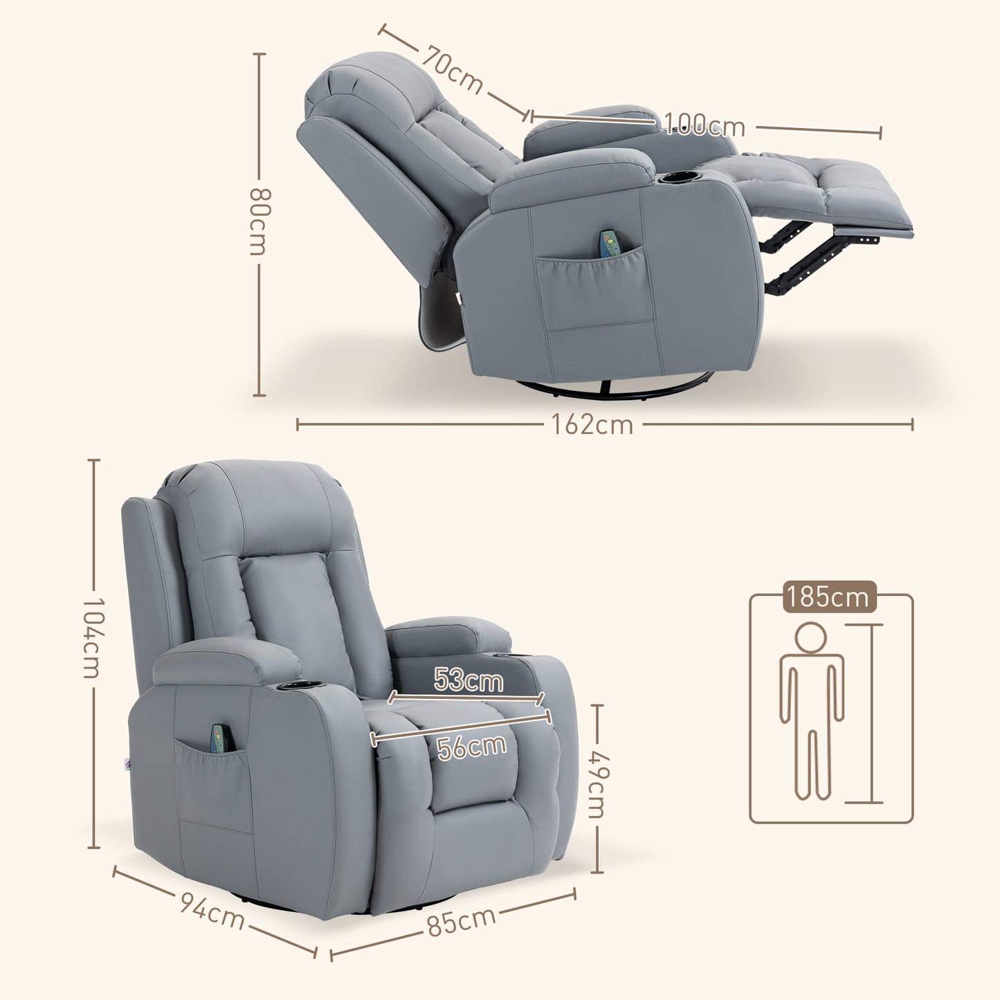 Manual Recliner Chair with 8 Vibration & Heat, Light Grey