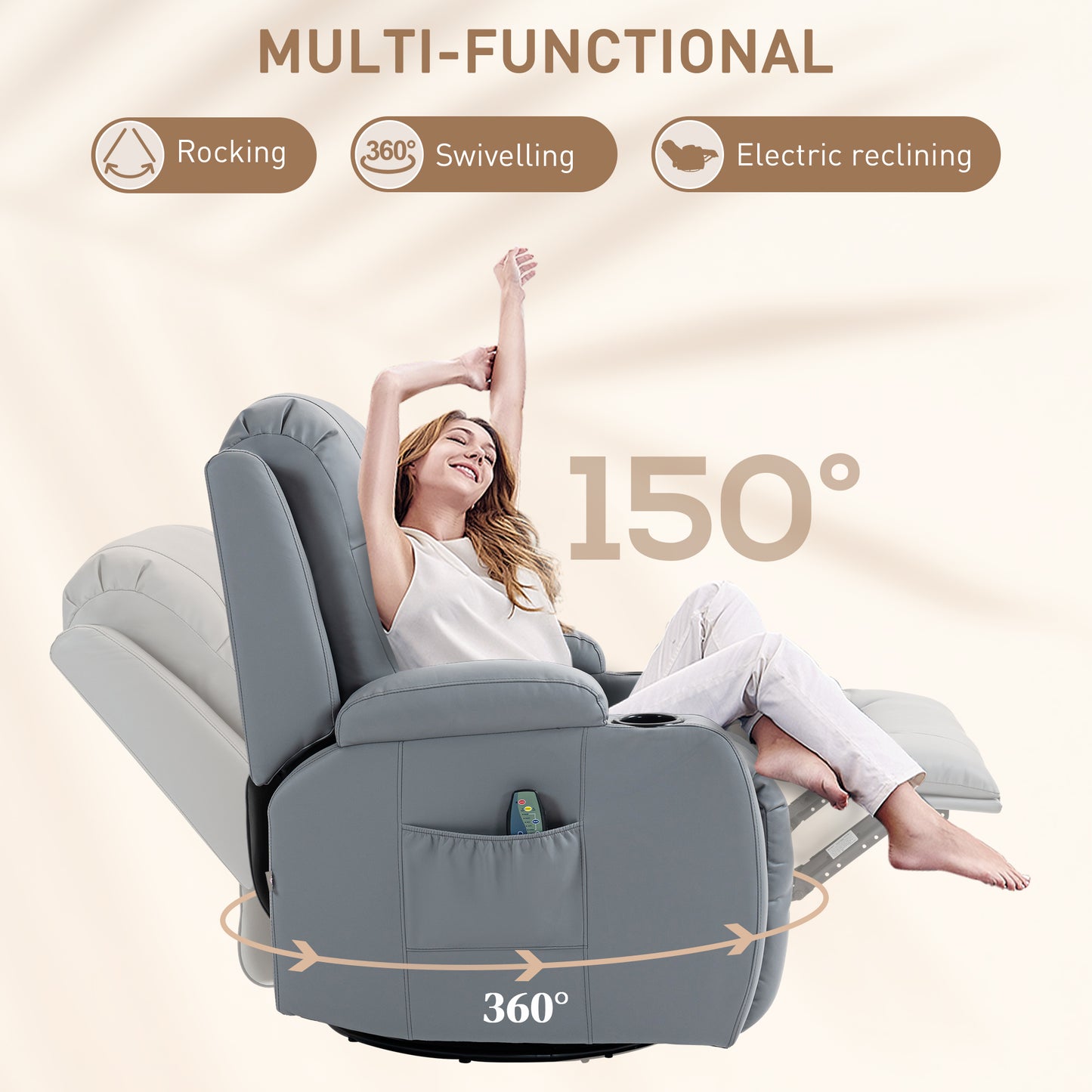 Manual Recliner Chair with 8 Vibration & Heat, Light Grey