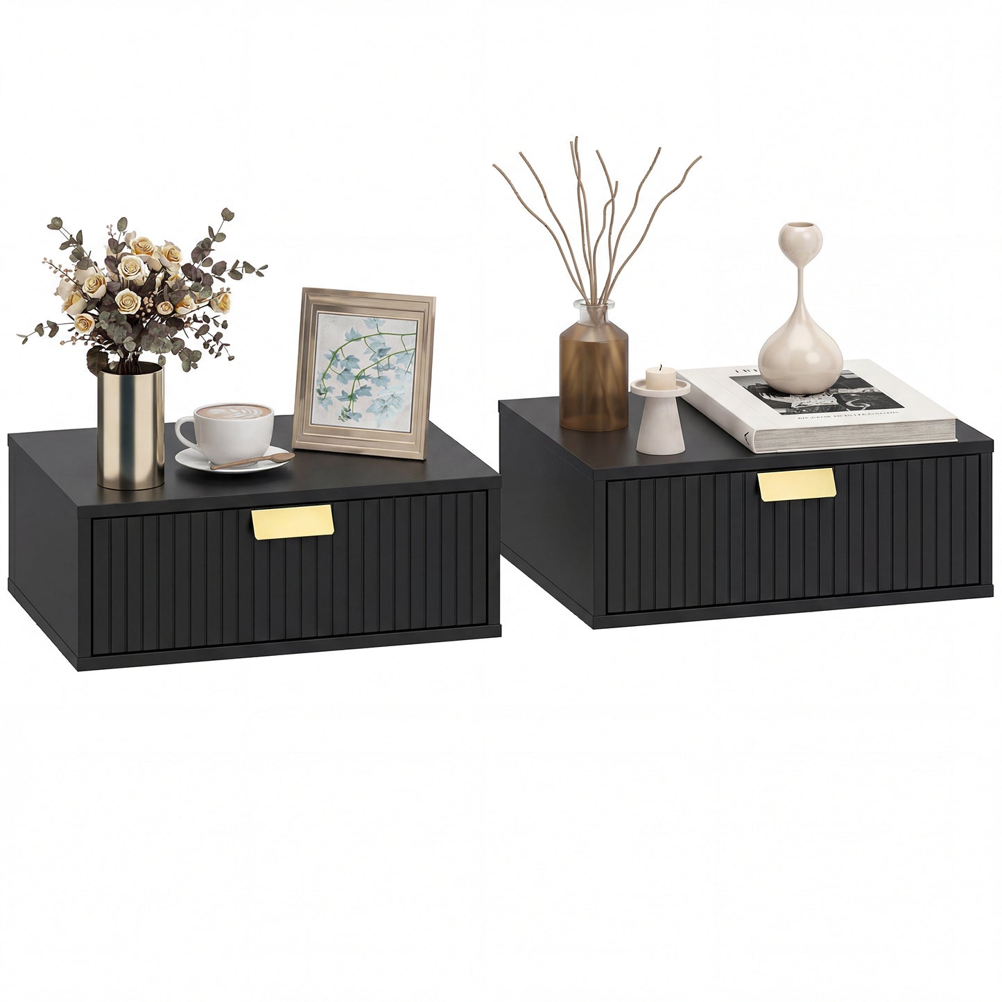 Floating Nightstands Set of 2 Bedside Tables w/ Wave Drawer Black