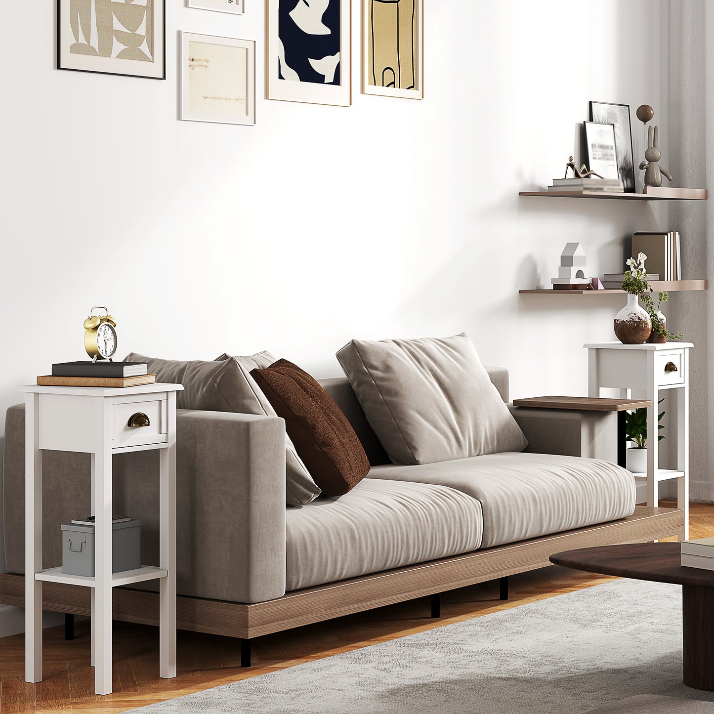 2-Tier Side Tables Set of 2 with Drawer Shelf for Living Room, White