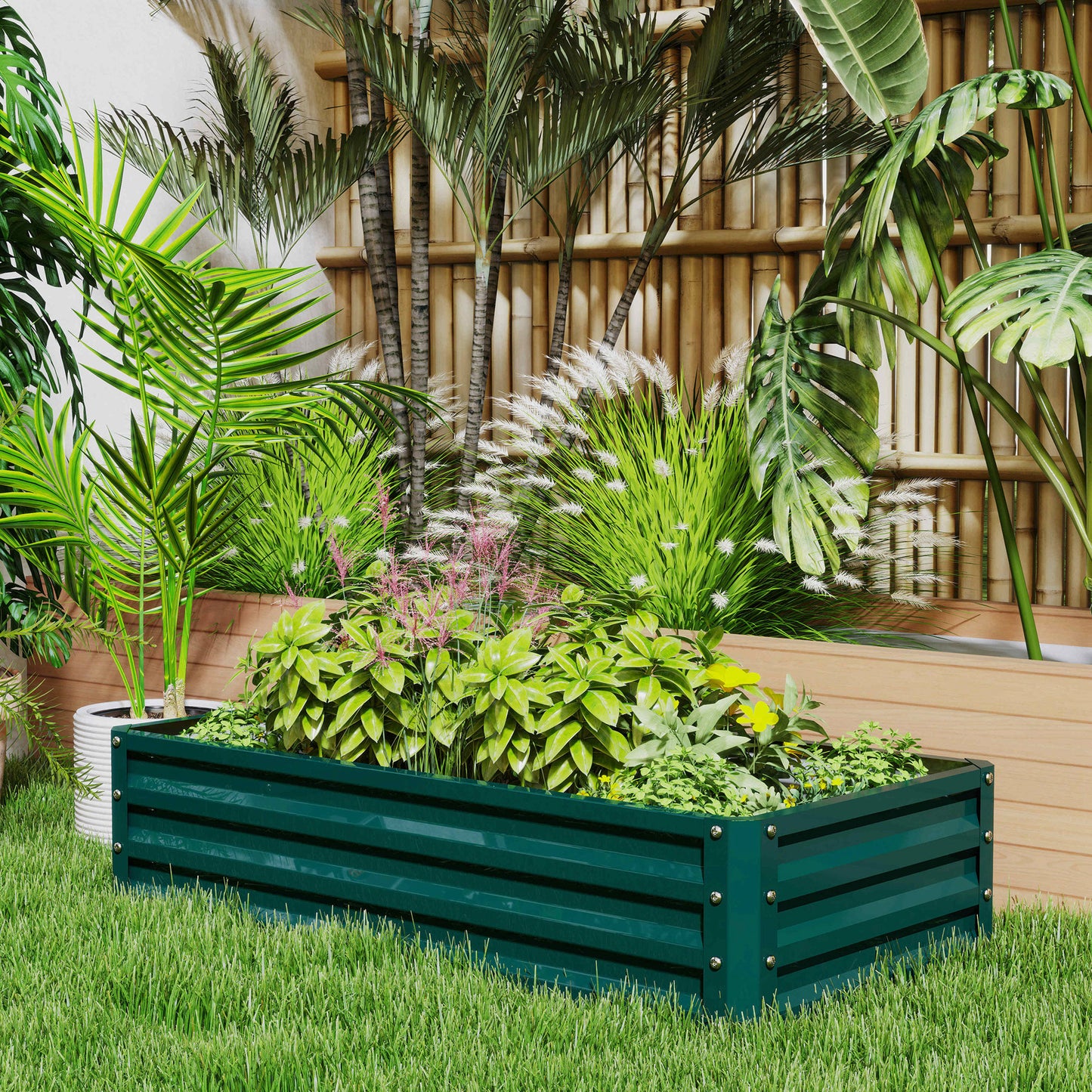 Set of 2 Raised Garden Bed Elevated Planter Box for Flowers Green