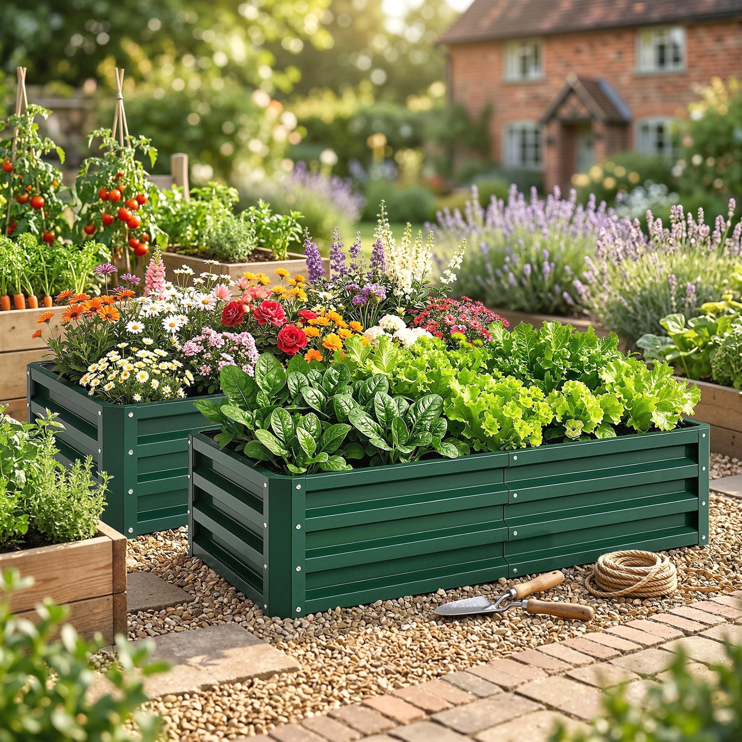 216L Raised Garden Bed, Set of 2 Galvanised Planter Box Outdoor with Open Bottom, Metal Raised Garden Bed Kit for Vegetables, Flowers and Herbs, 120 x 60 x 30.5cm, Green