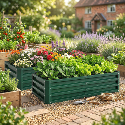 216L Raised Garden Bed, Set of 2 Galvanised Planter Box Outdoor with Open Bottom, Metal Raised Garden Bed Kit for Vegetables, Flowers and Herbs, 120 x 60 x 30.5cm, Green