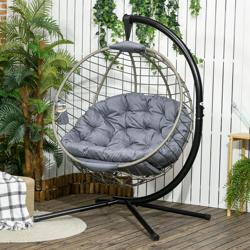 PE Rattan Swing Chair, Outdoor Hanging Chair with Metal Stand, Thick Padded Cushion, Foldable Basket and Cup Holder, for Indoor Outdoor Grey