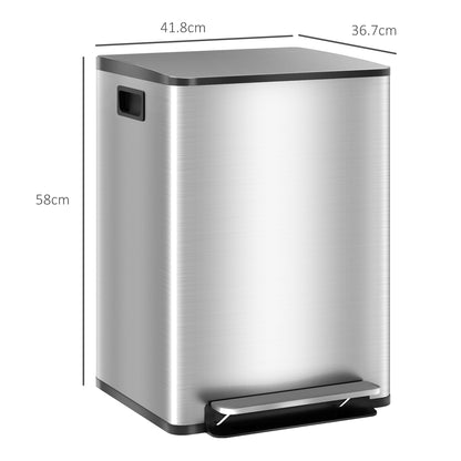Double Kitchen Bin, Pedal Bin with Soft-Close Lid, Silver Tone
