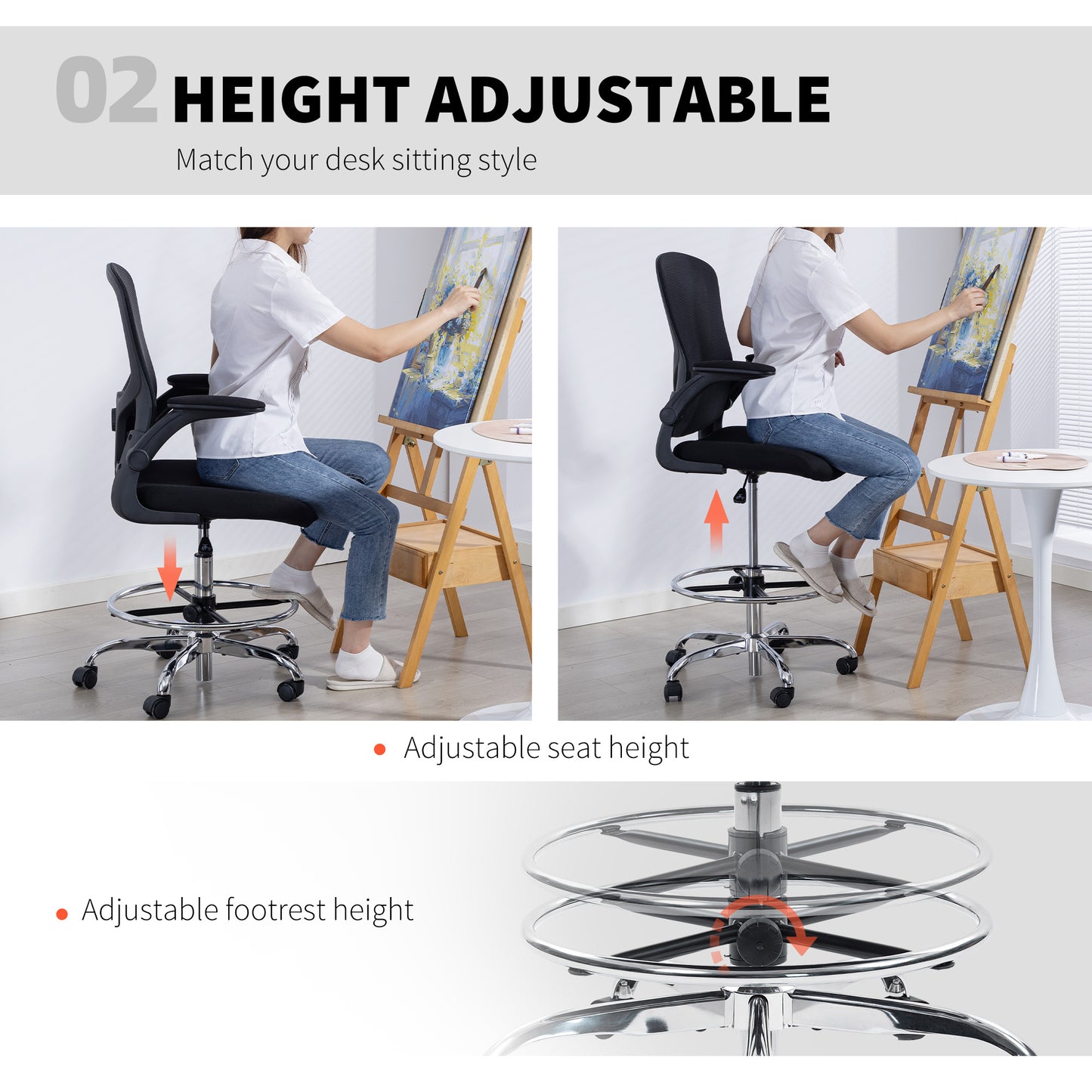 Ergonomic Tall Office Chair, 360 Degree Swivel Task Stool, Black