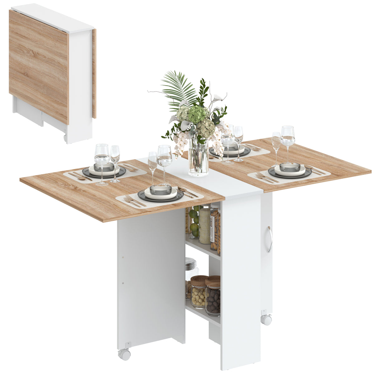 Rolling Drop Leaf Dining Table, Folding Kitchen Table with Shelves