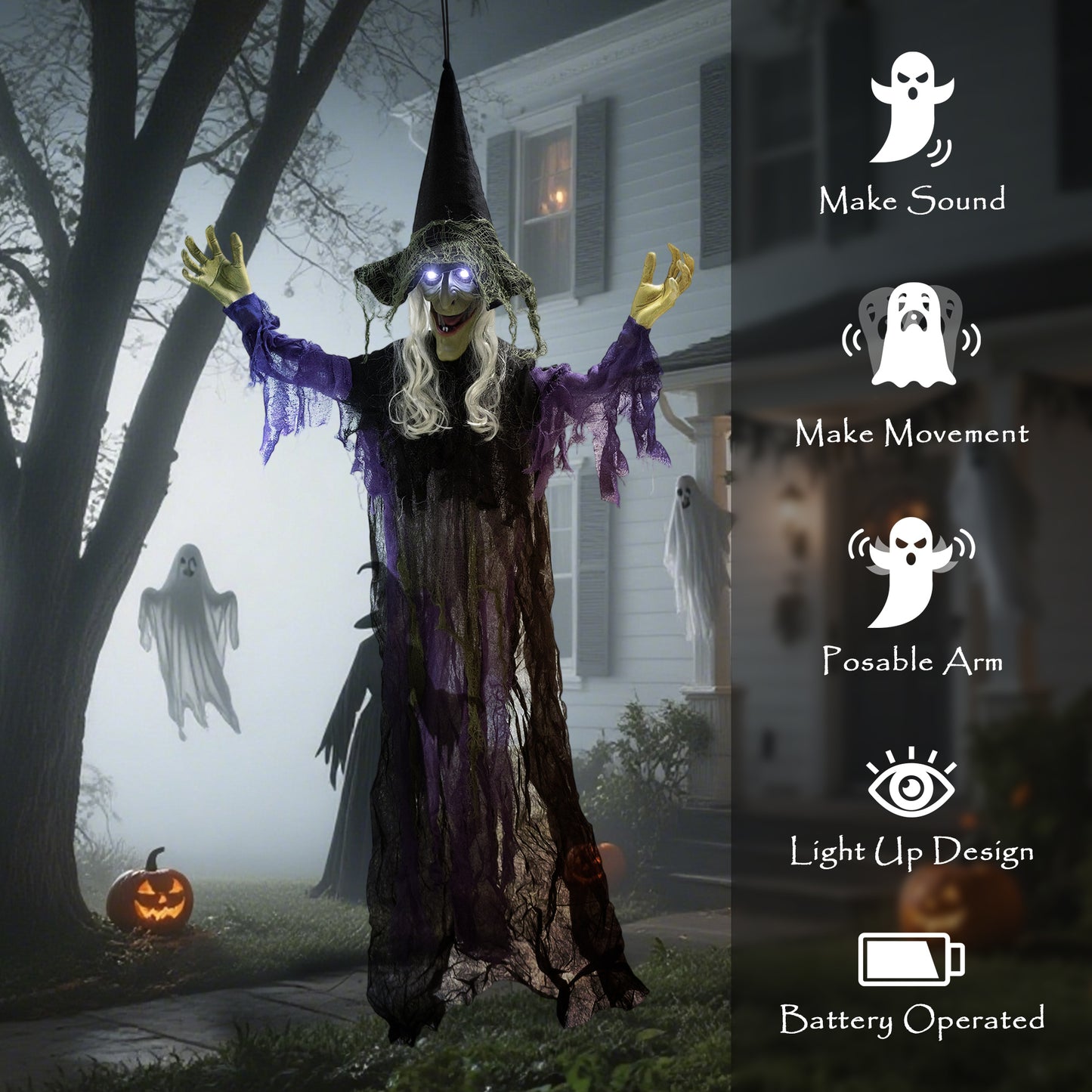 Voice Activated Halloween Animatronics Hanging Witch, Purple