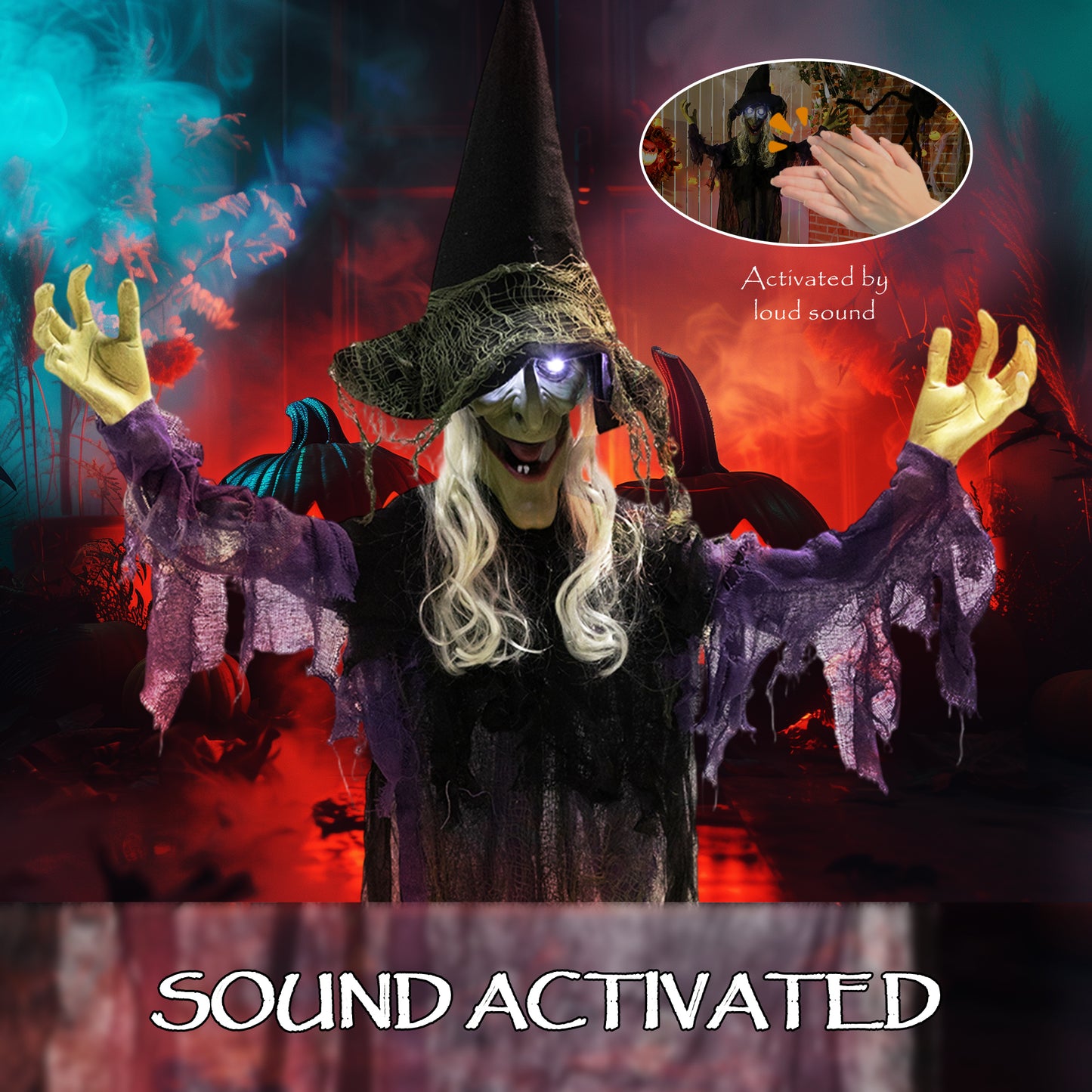 Voice Activated Halloween Animatronics Hanging Witch, Purple