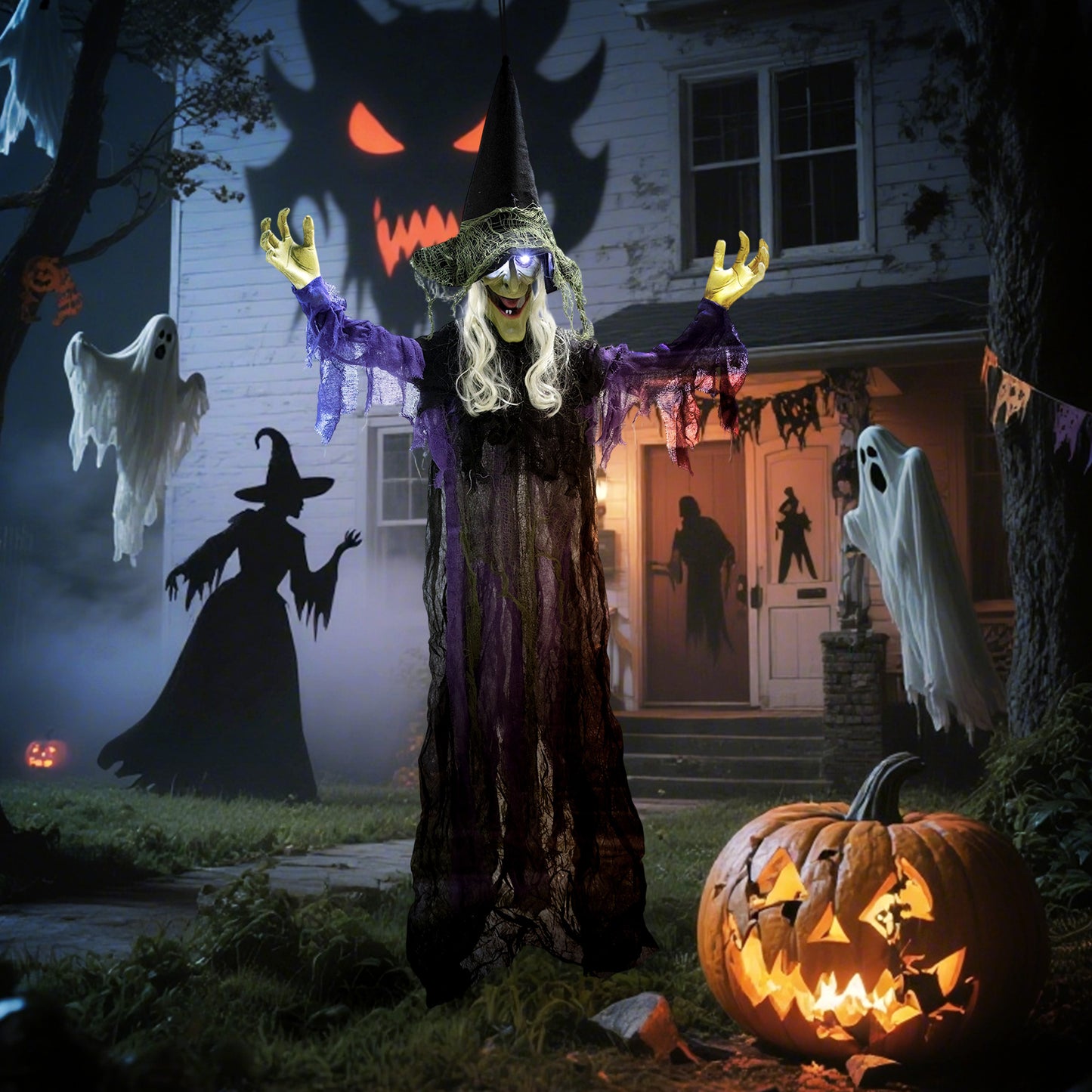 Voice Activated Halloween Animatronics Hanging Witch, Purple