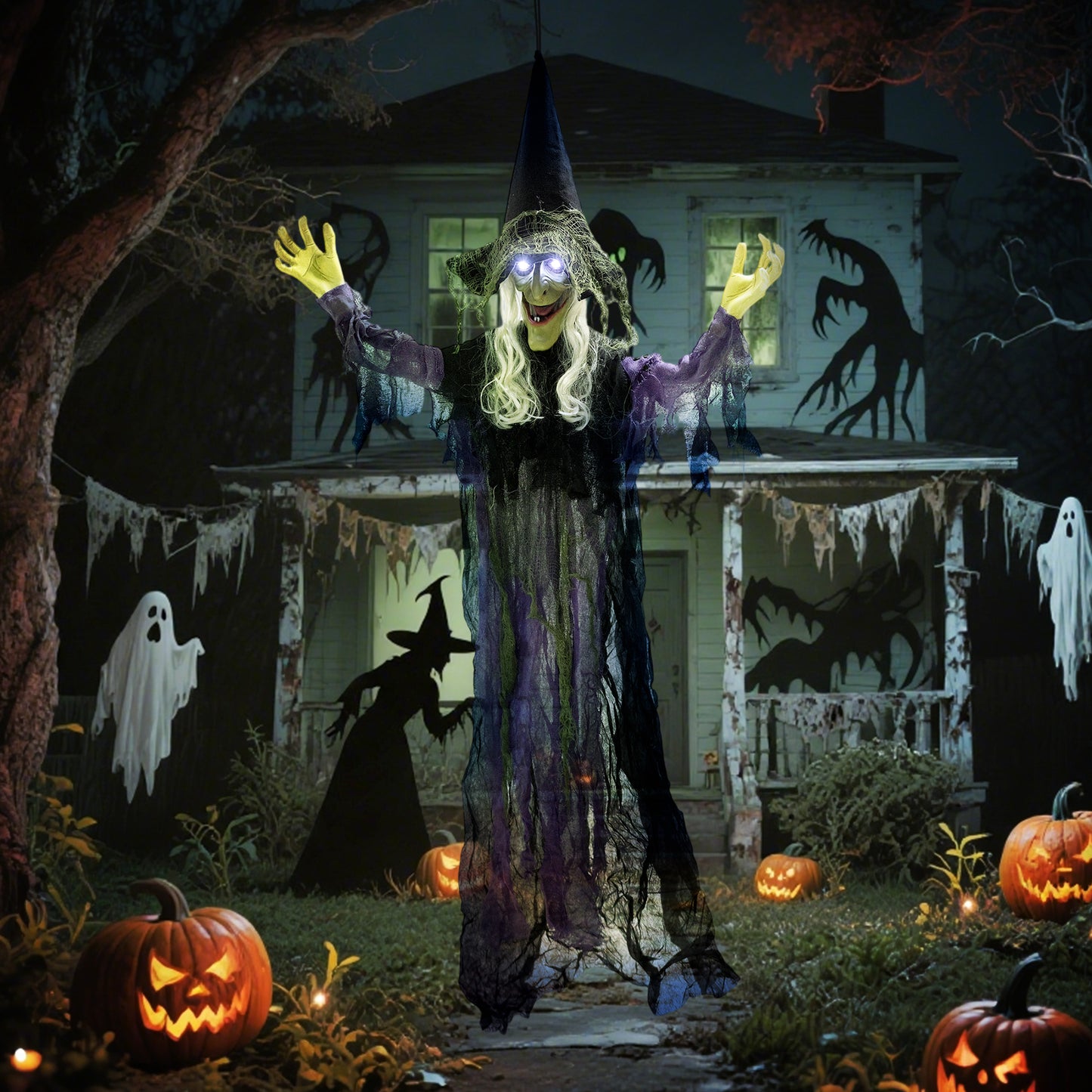 Voice Activated Halloween Animatronics Hanging Witch, Purple