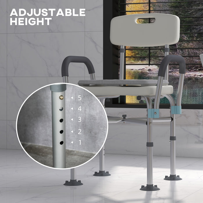 Aluminium Shower Chair with Backs and Arms, Height Adjustable Shower Seat w/ Removable Padded Cushion, Bath Stool, White