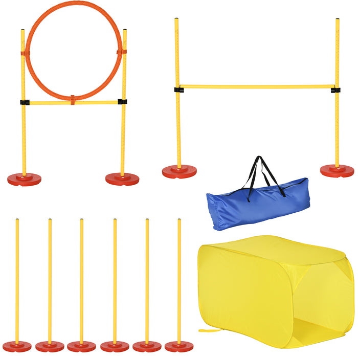 4PCs Portable Pet Agility Training Obstacle Set for Dogs w/ Adjustable Weave Pole, Jumping Ring, Adjustable High Jump, Tunnel