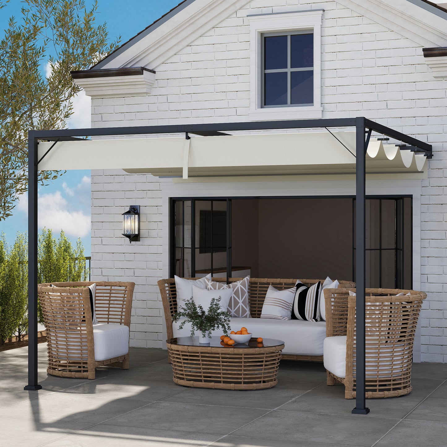 3 x 3(m) Outdoor Pergola Retractable Canopy Wall Mounted, Cream