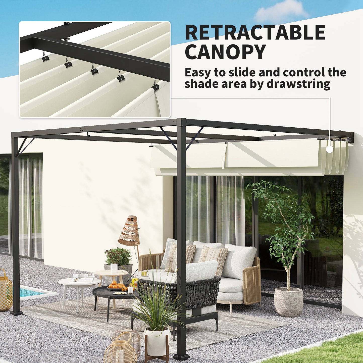 3 x 3(m) Outdoor Pergola Retractable Canopy Wall Mounted, Cream