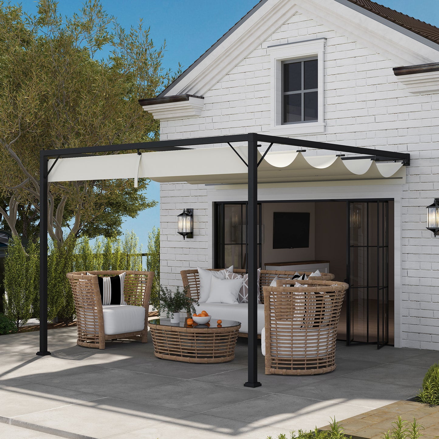 3 x 3(m) Outdoor Pergola Retractable Canopy Wall Mounted, Cream