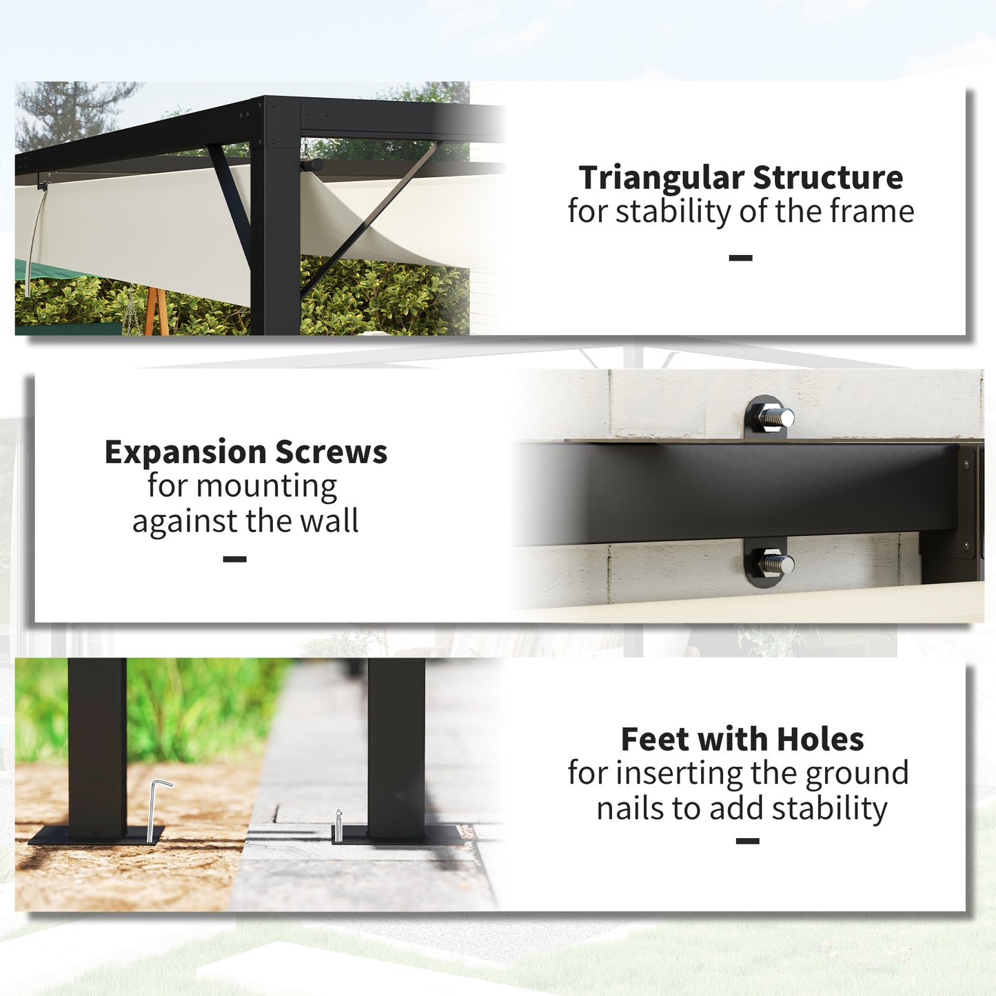 3 x 3(m) Outdoor Pergola Retractable Canopy Wall Mounted, Cream