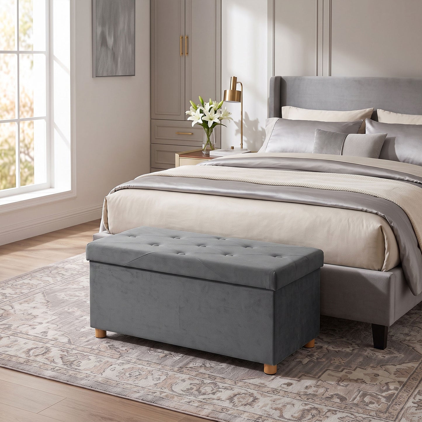 Velvet Upholstered Foldable Ottoman Footrest with Wood Legs, Grey