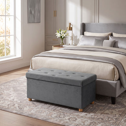 Velvet Upholstered Foldable Ottoman Footrest with Wood Legs, Grey