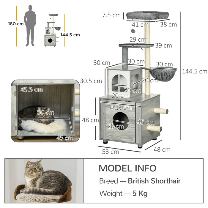 Enclosed Cat Litter Box with Cat House, Cat Bed, Scratching Posts, Platforms for Indoor Cats Use, Grey