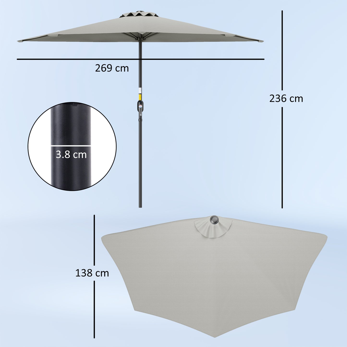 2.7m Metal Frame Garden Furniture Parasol Half Round Umbrella Grey