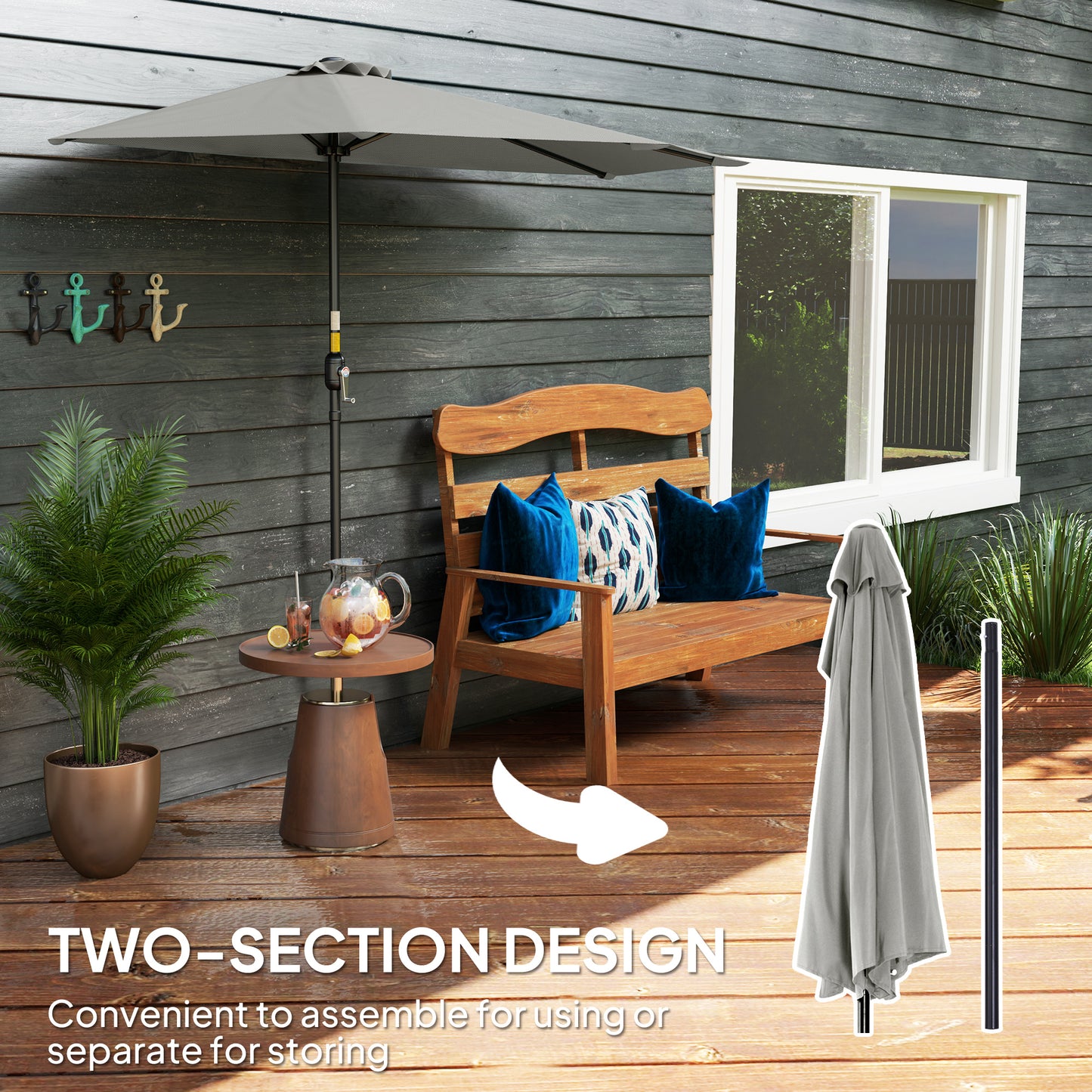 2.7m Metal Frame Garden Furniture Parasol Half Round Umbrella Grey