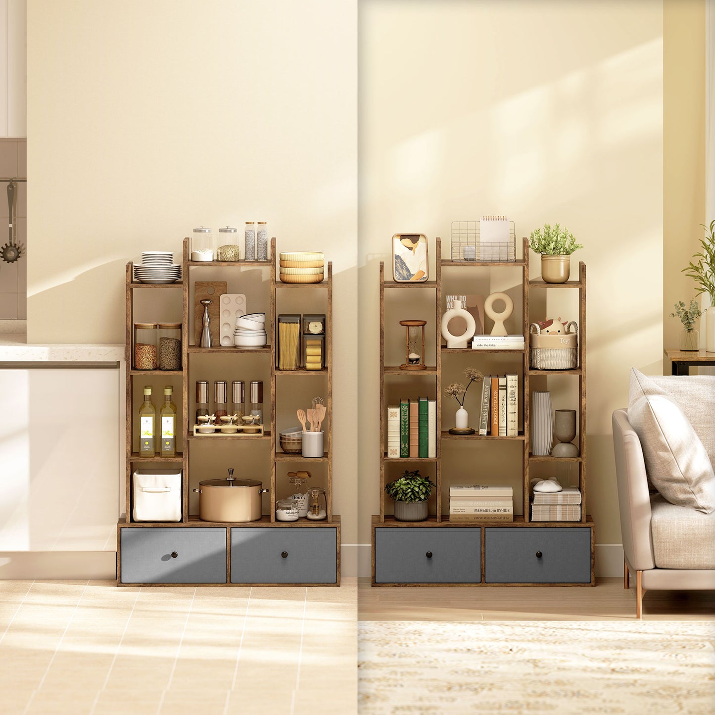 12-Tier Bookshelf, Bookcase w/ 2 Folding Drawer, Rustic Brown