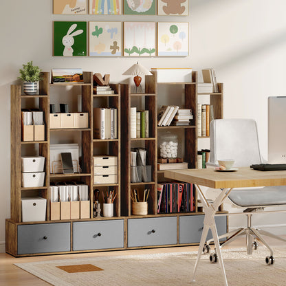 12-Tier Bookshelf, Bookcase w/ 2 Folding Drawer, Rustic Brown
