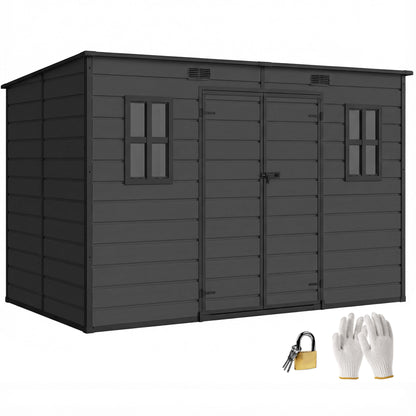 10 x 6 ft Plastic Garden Shed with Floor, Lockable Doors, Dark Grey