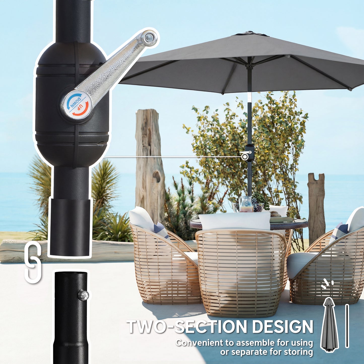 2.6M Garden Parasol Umbrella with Aluminium Pole, Tilt, Crank