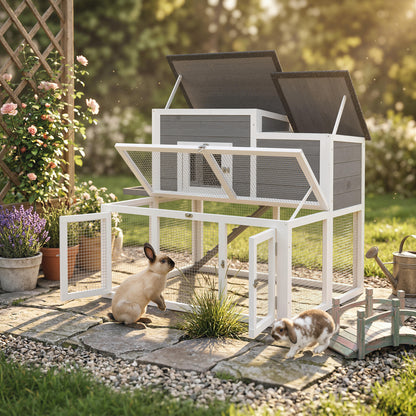 Wooden Rabbit Hutch, Outdoor Bunny Cage with Waterproof Roof