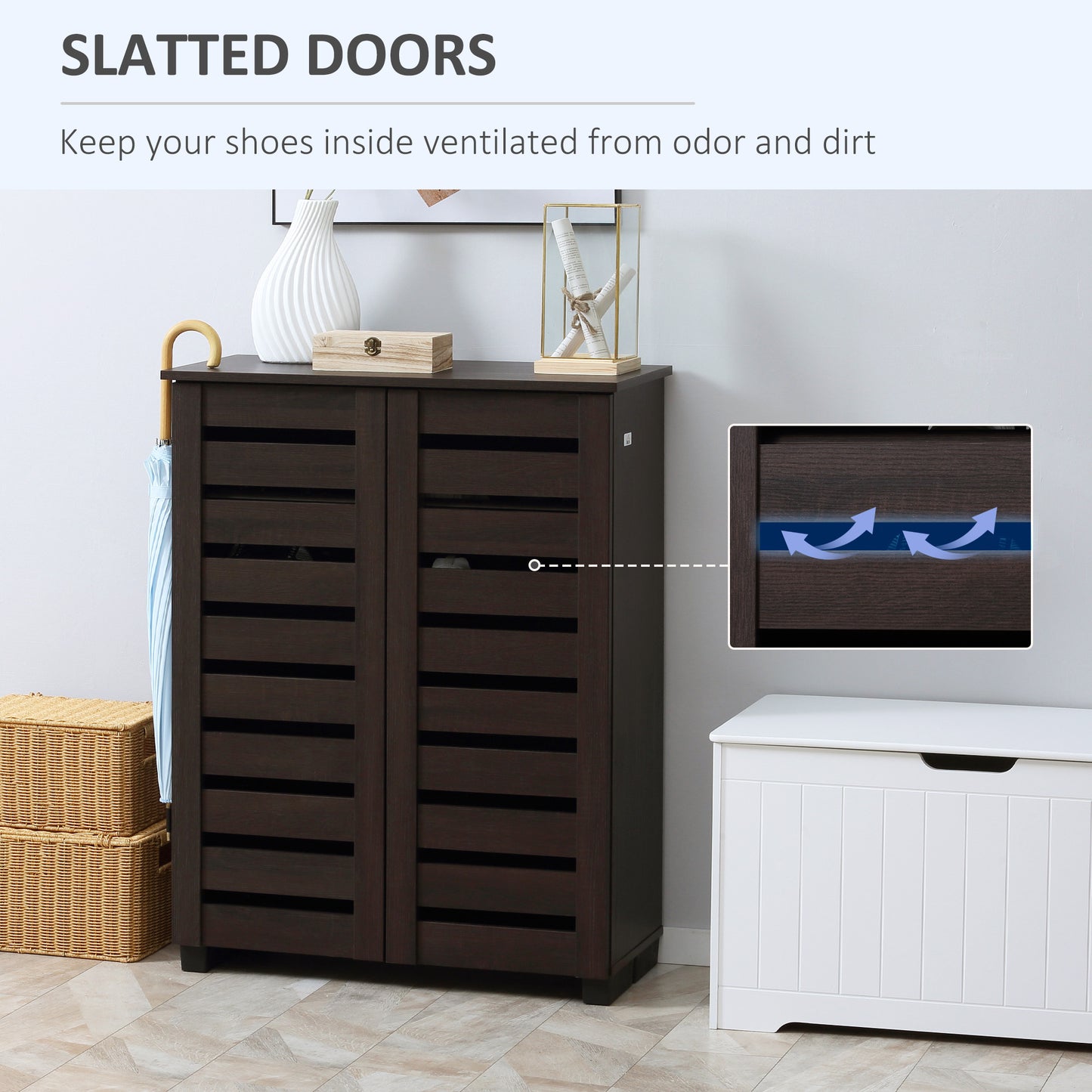 Shoe Storage Cabinet with Slatted Doors for 15 Pairs of Shoes Brown