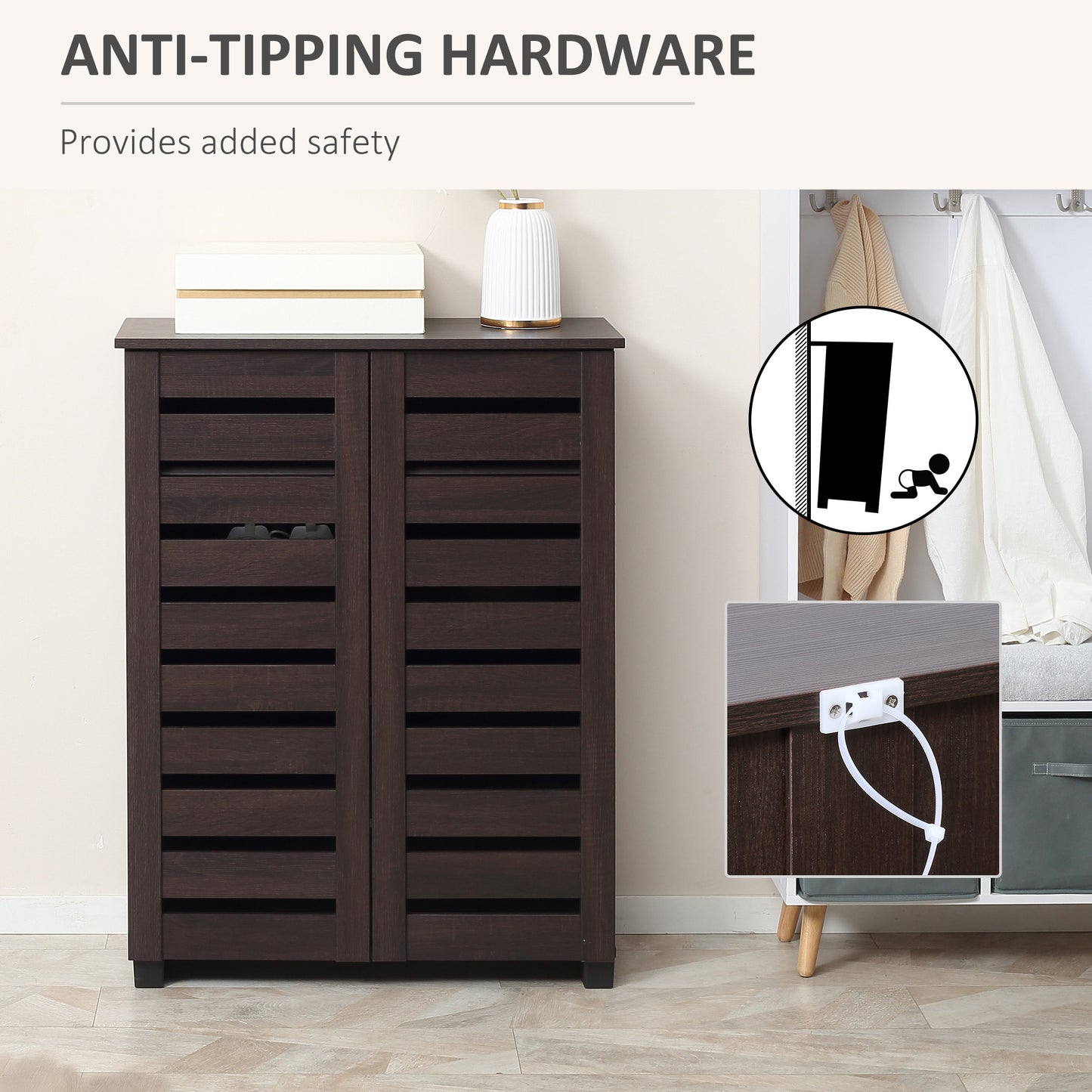 Shoe Storage Cabinet with Slatted Doors for 15 Pairs of Shoes Brown